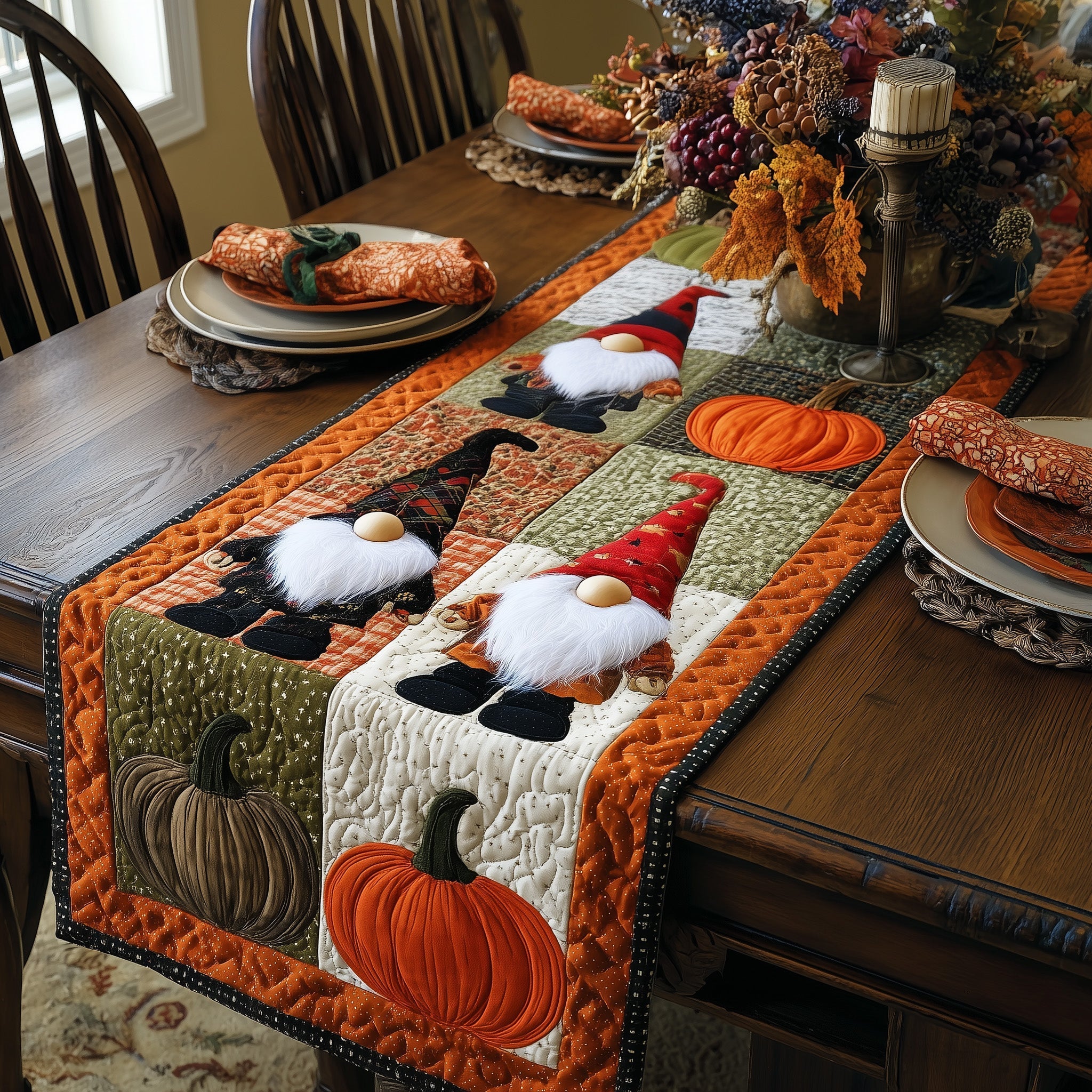 Autumn Gnome Quilted Table Runner Dining Room Table Decor Unique Fall Gifts