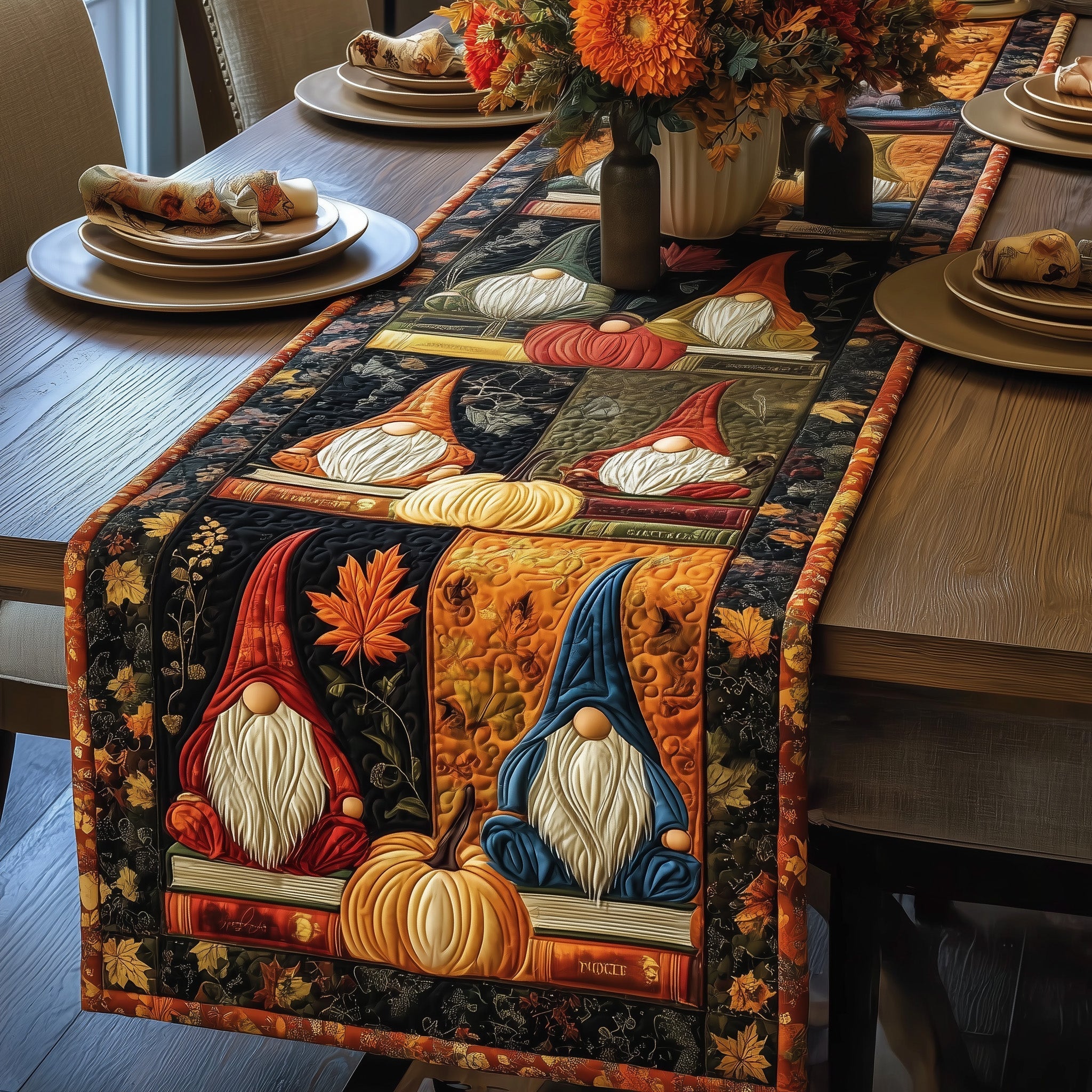 Autumn Gnome Quilted Table Runner Kitchen Decor Cute Fall Gifts For Girlfriend
