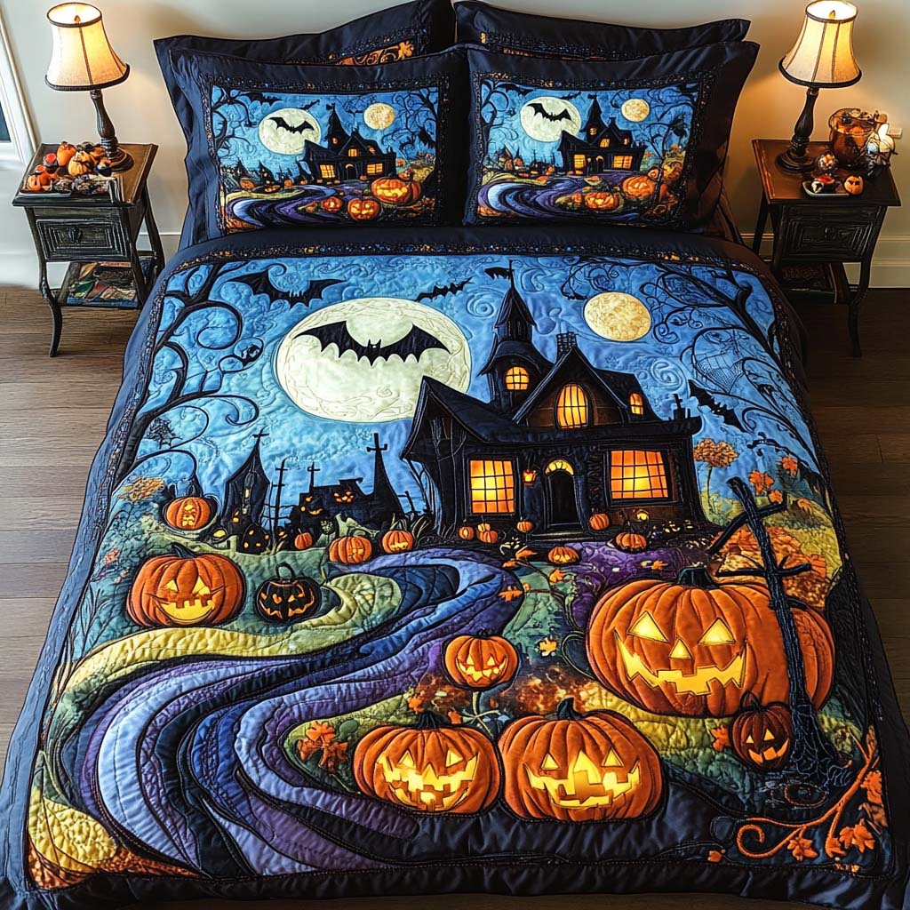 Autumn Haunt Quilted Bedding Set Cute Bed Sheets Gift For Halloween