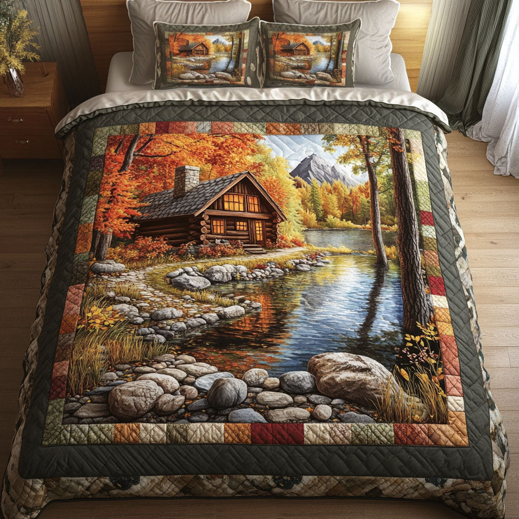 Autumn Lakeside Cabin Quilted Bedding Set Cute Bed Sheets Presents For Grandma