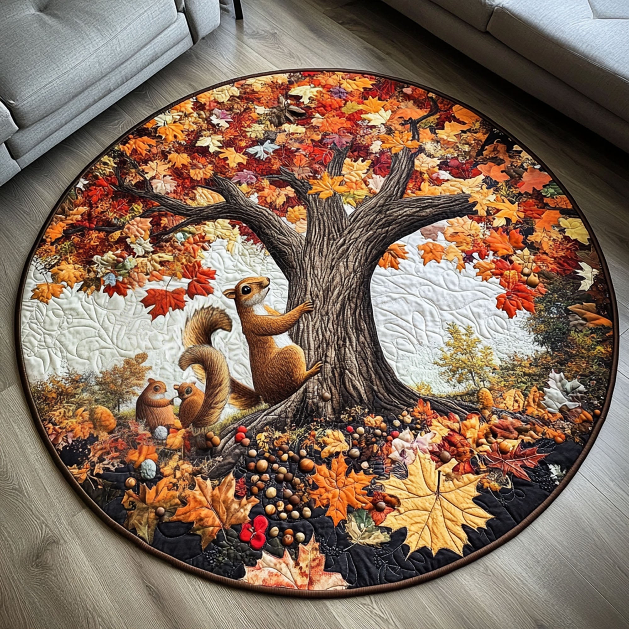 Autumn Nut Hunt Quilted Round Mat House Decor Autumn Gifts For Friends