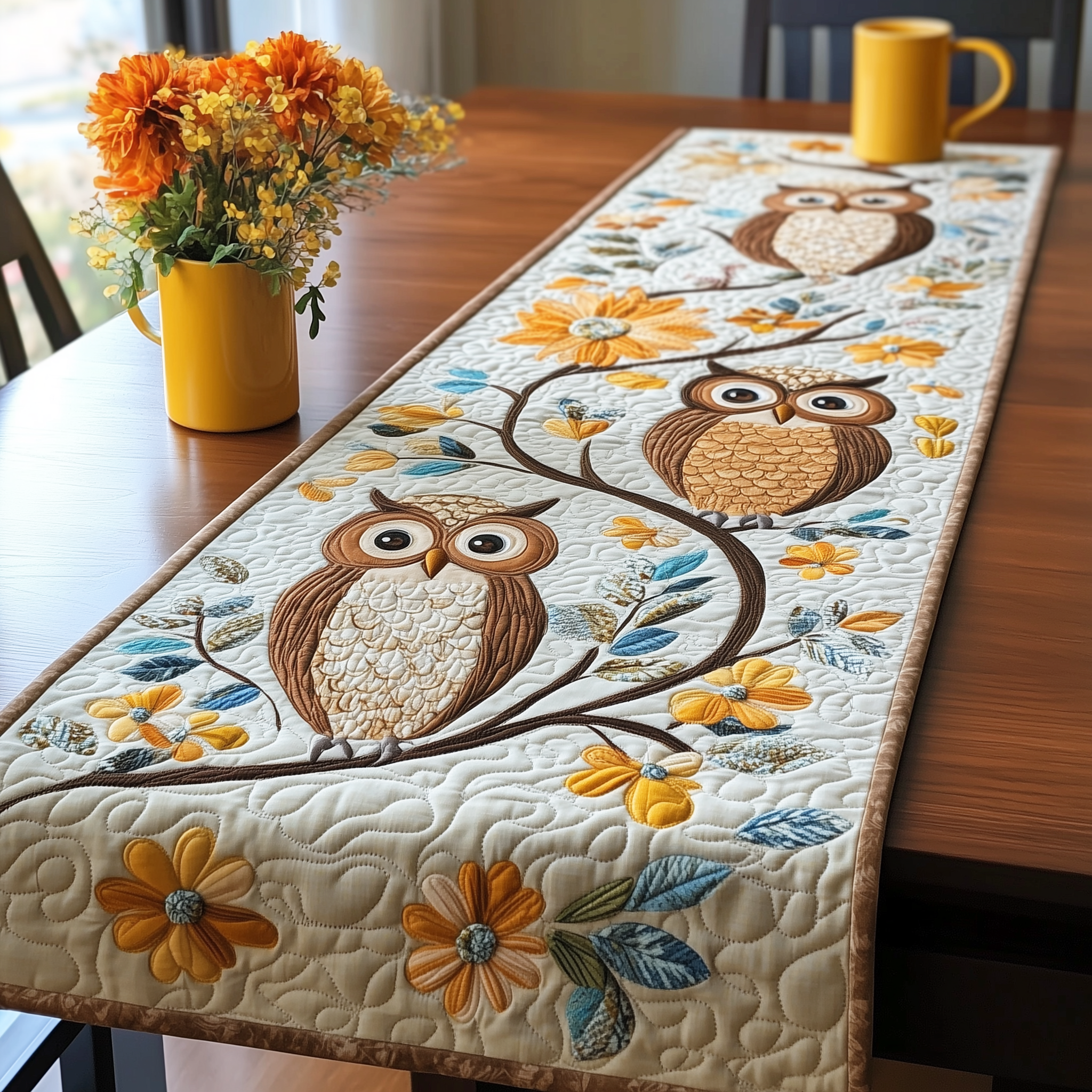 Autumn Owl Symphony Quilted Table Runner Dining Table Decor Unique Owl Gifts