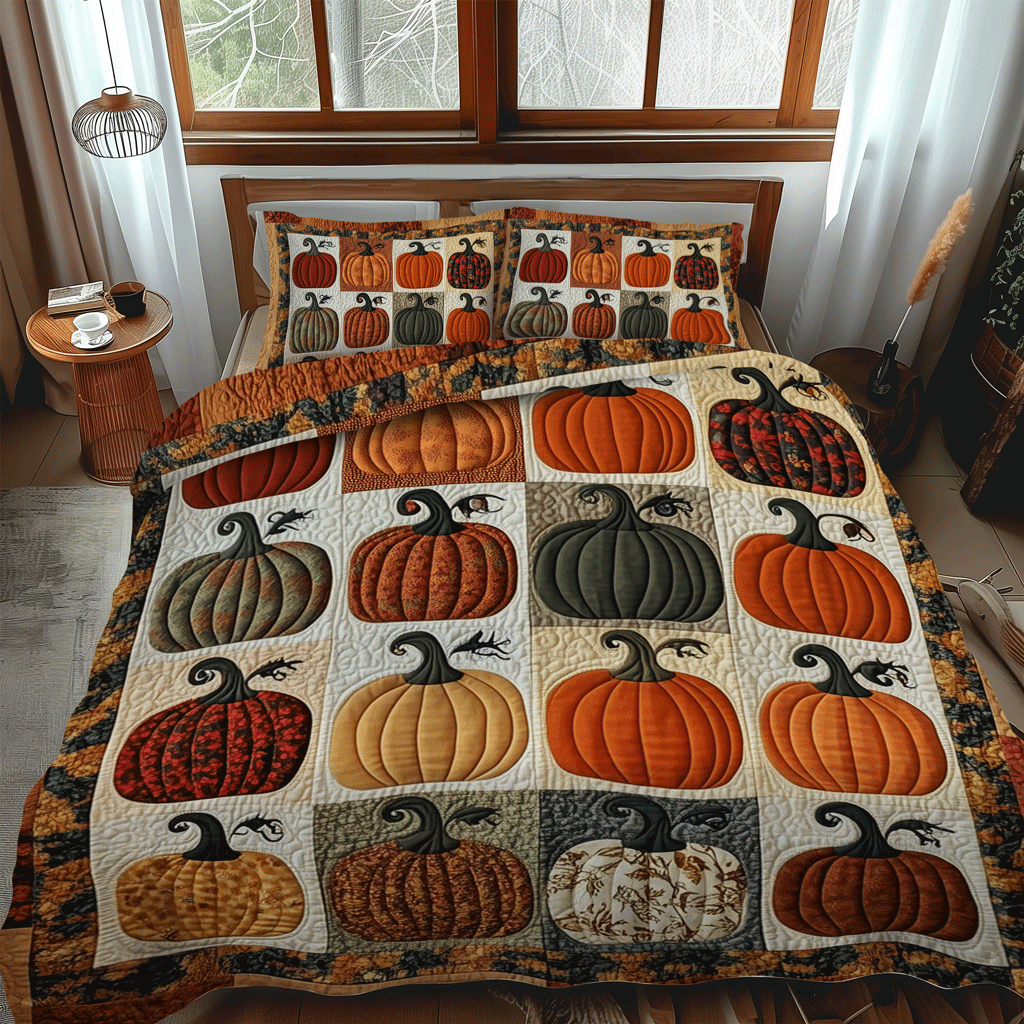 Autumn Pumpkins Quilted Bedding Set Cute Sheet Sets Thanksgiving Gifts For Clients