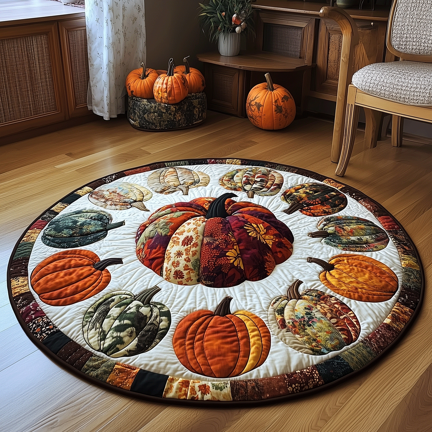 Autumn Pumpkins Quilted Round Mat Best Round Area Rugs Halloween Gifts For Her