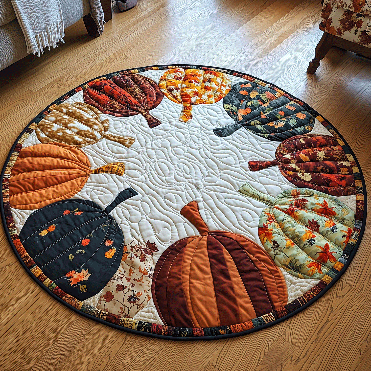 Autumn Pumpkins Quilted Round Mat Rug Round Halloween Gifts For Teens