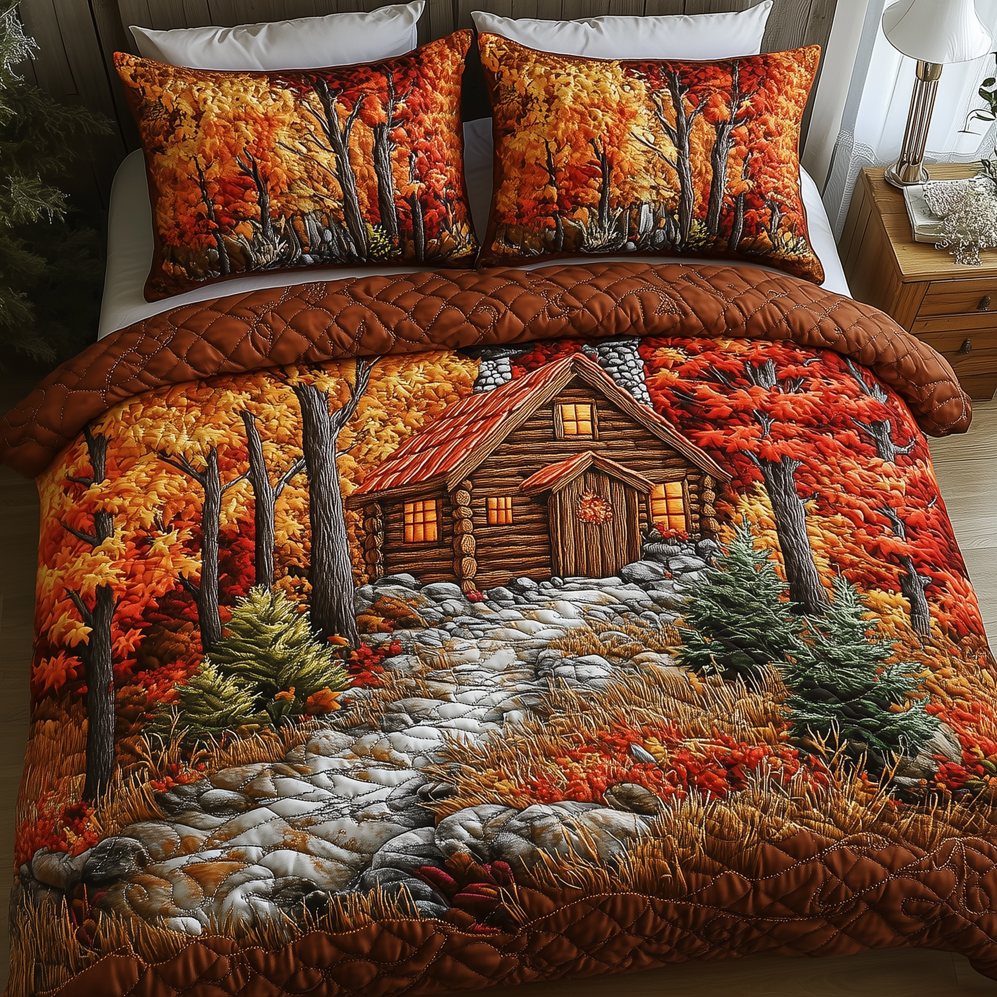 Autumn Soul Log Cabin Quilted Bedding Set Bedroom Decorations Fall Autumn Season Gifts