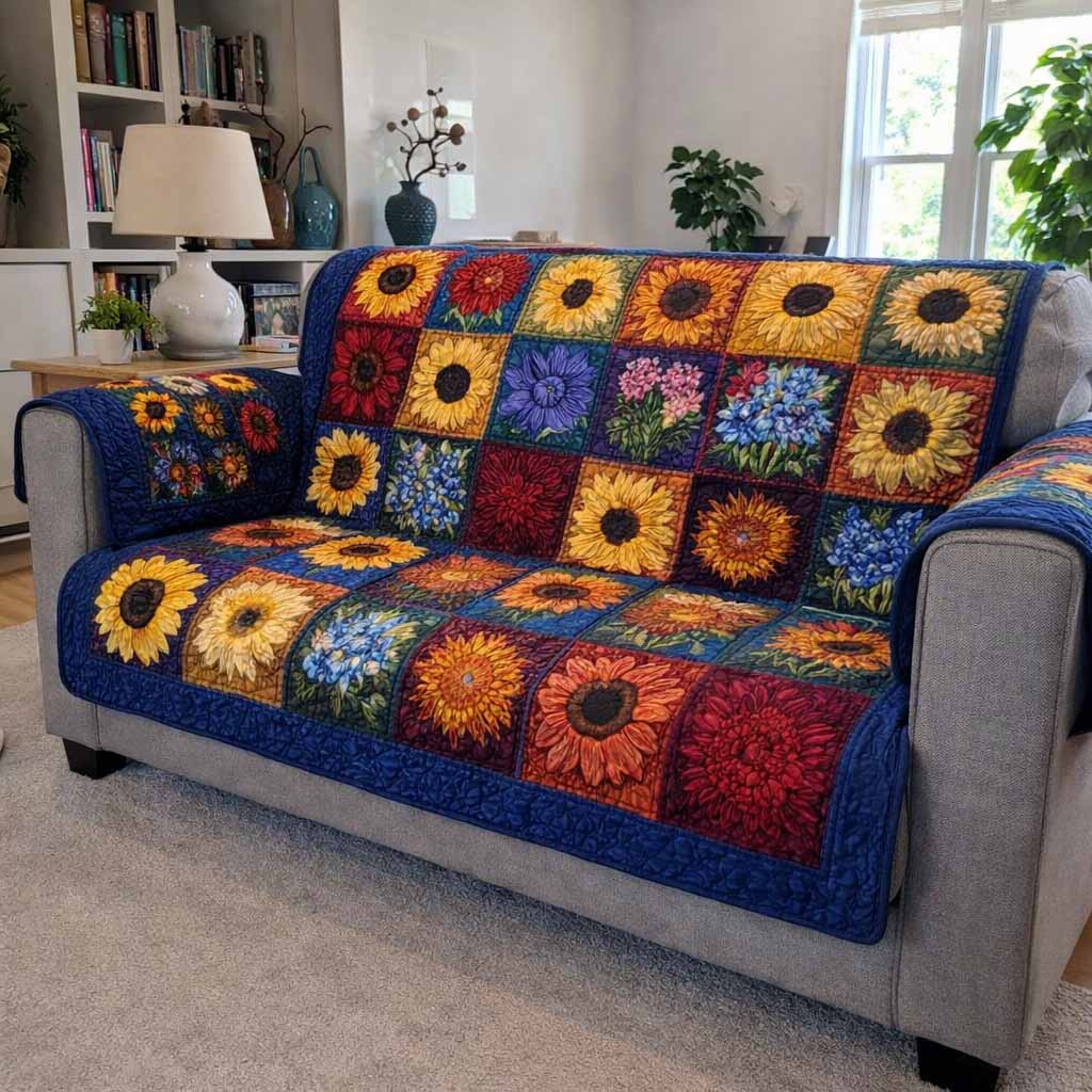 Autumn Squares Quilted Sofa Cover Couch Cushion Covers Gifts With Daisies On Them
