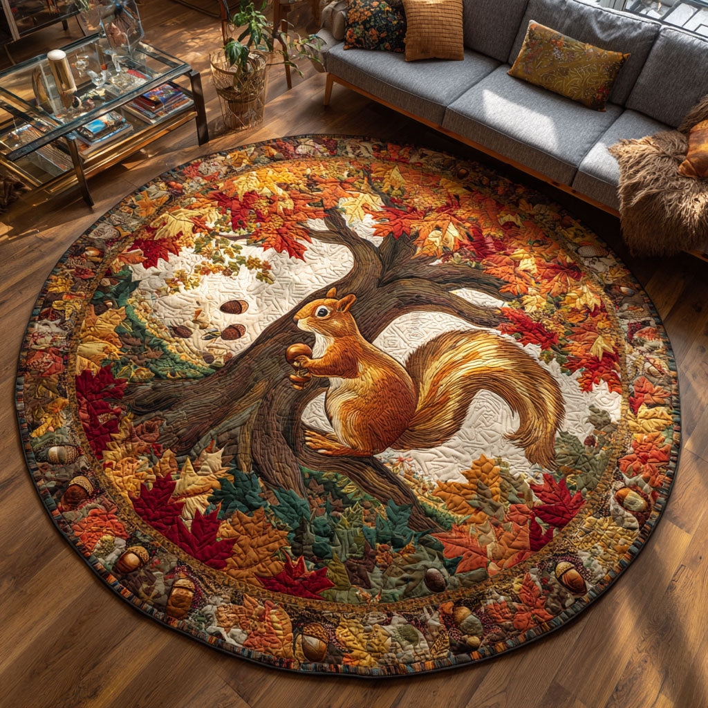 Autumn Squirrel Chase Quilted Round Mat Round Rug Carpet Cute Fall Gifts For Girlfriend