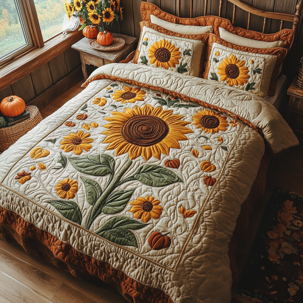 Autumn Sunrise Quilted Bedding Set Best King Bed Sheets Sunflower Gift Items