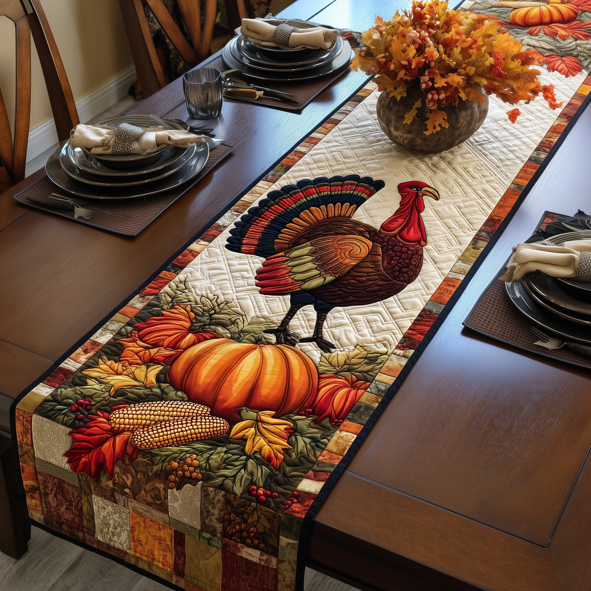 Autumn Turkey Quilted Table Runner Long Thanksgiving Table Runner Thanksgiving Christmas Gifts