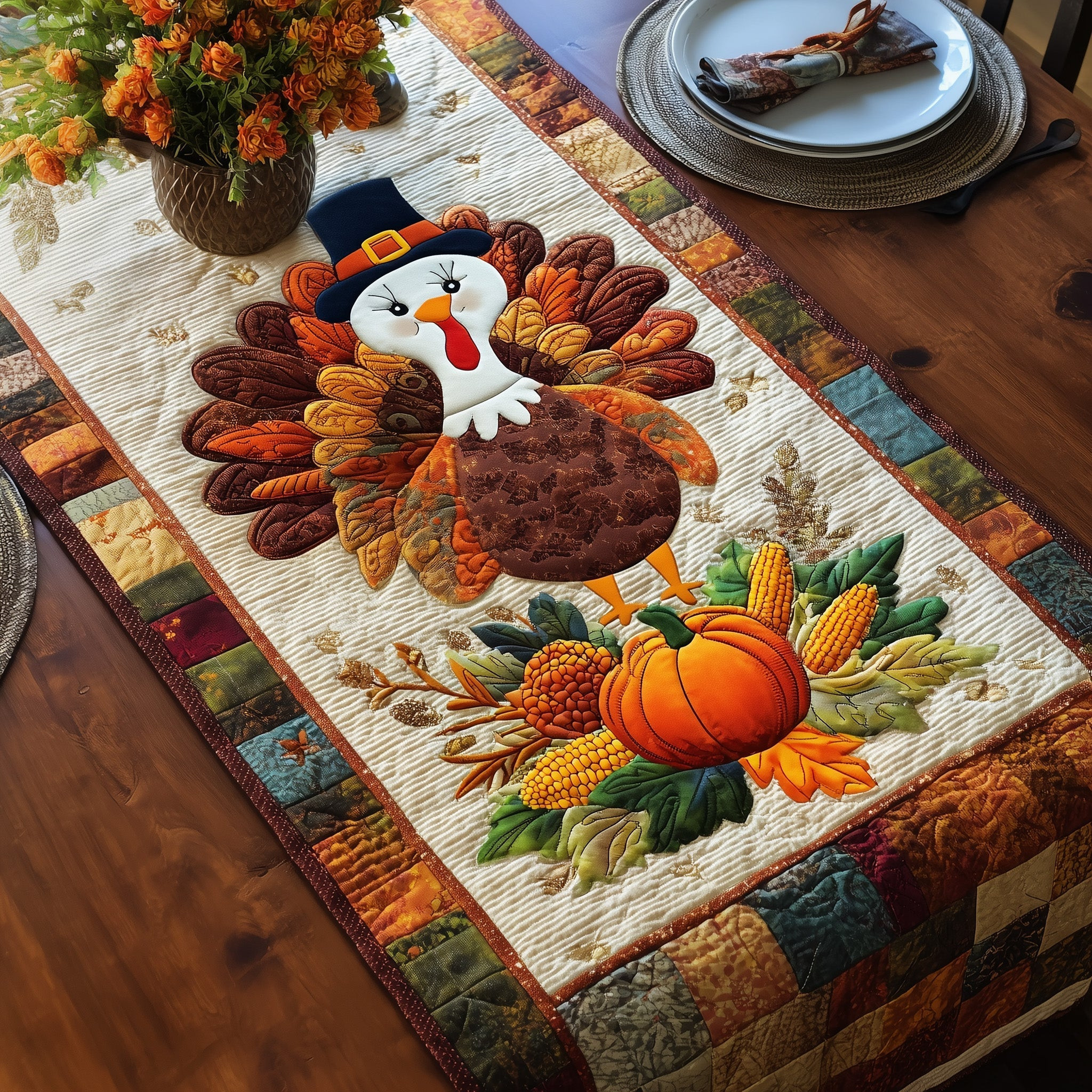 Autumn Turkey Quilted Table Runner Thanksgiving Table Runner Decor Thanksgiving Gifts For Clients