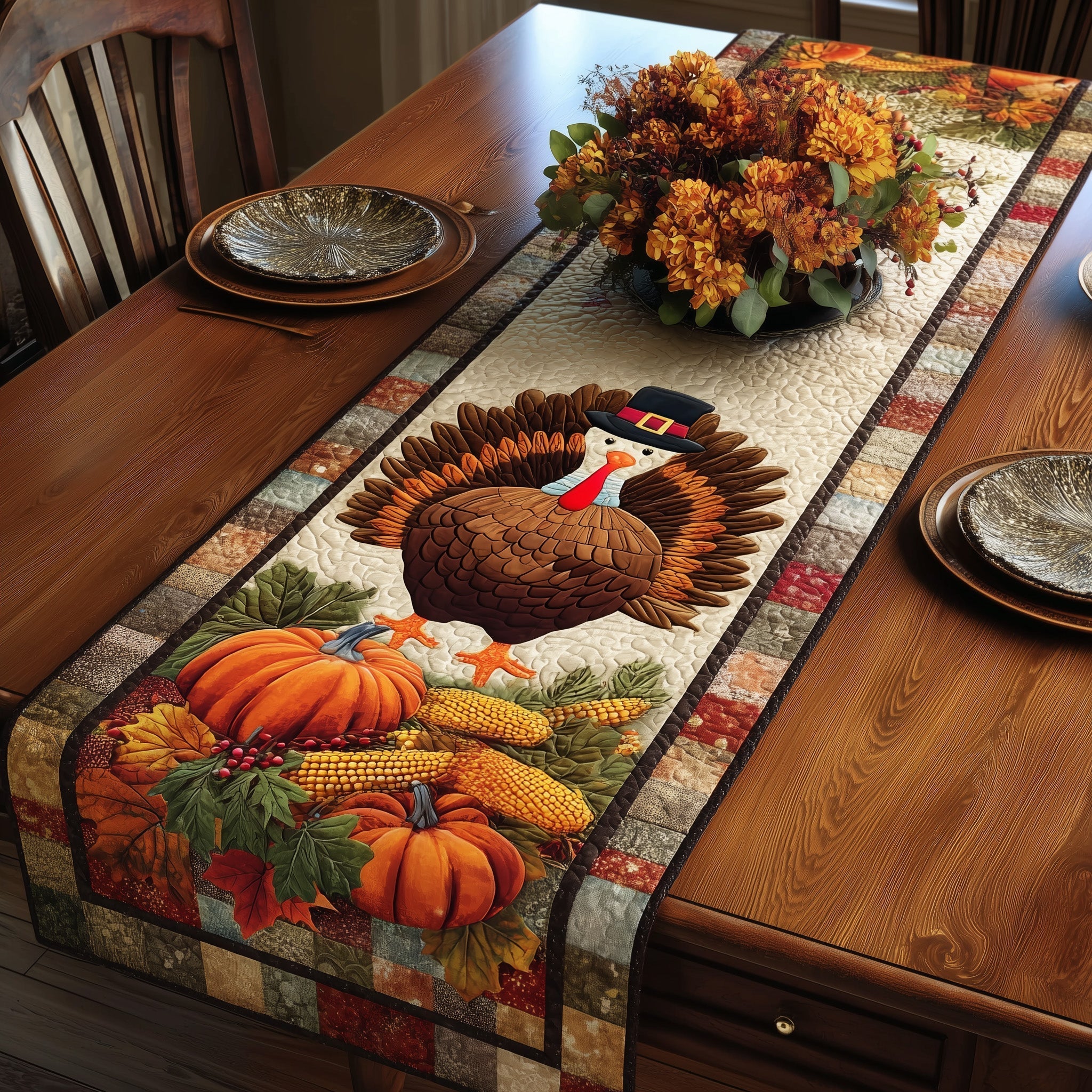Autumn Turkey Quilted Table Runner Thanksgiving Table Runner Thanksgiving Gifts For Teachers