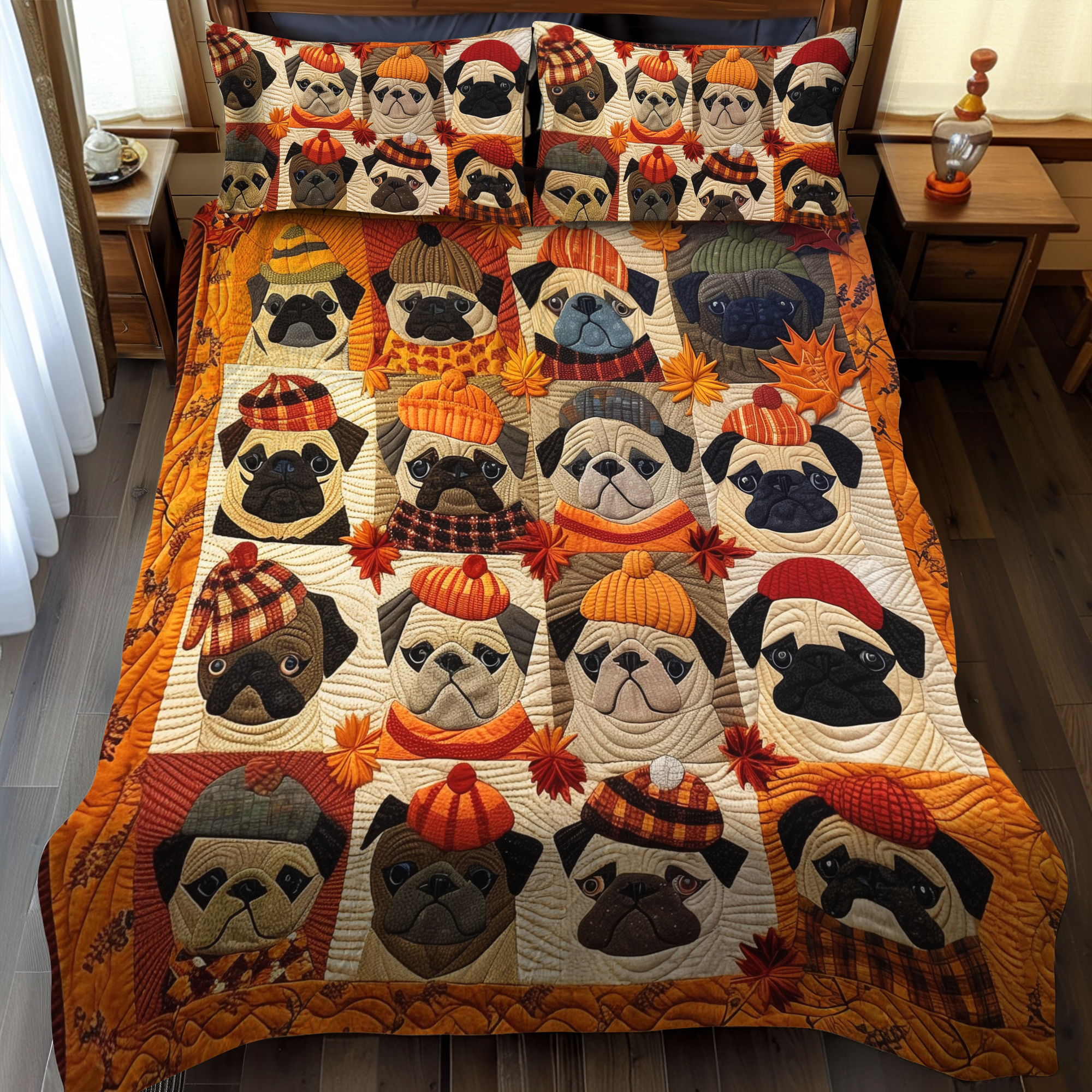 Autumn Vibe Pugs Quilted Bedding Set Best Bedsheets Great Gifts For Dog Lovers