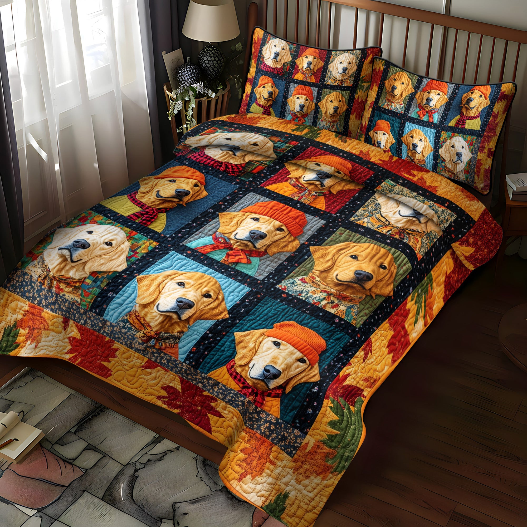 Autumn Vibes & Retriever Love Quilted Bedding Set Best Queen Sheets Goldendoodle Merchandise