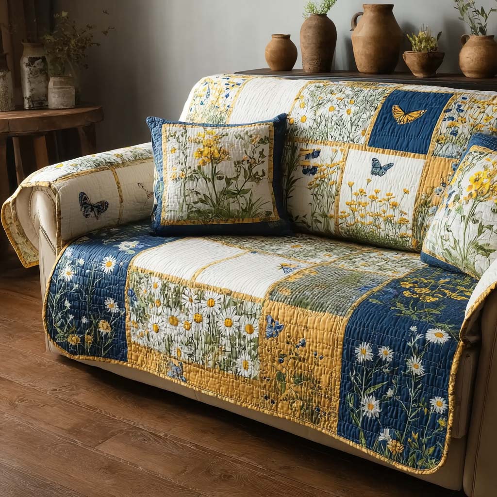 Azure Daisy Quilted Sofa Cover Recliner Couch Covers Flower Daisy Birthday Gifts