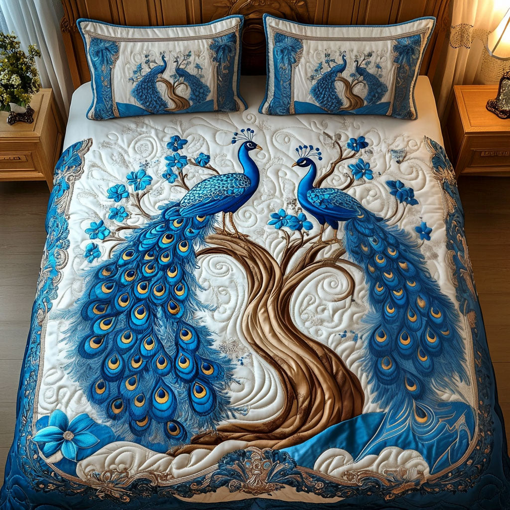Azure Feathers Quilted Bedding Set Bed Decorations Peacock Theme Gifts Items