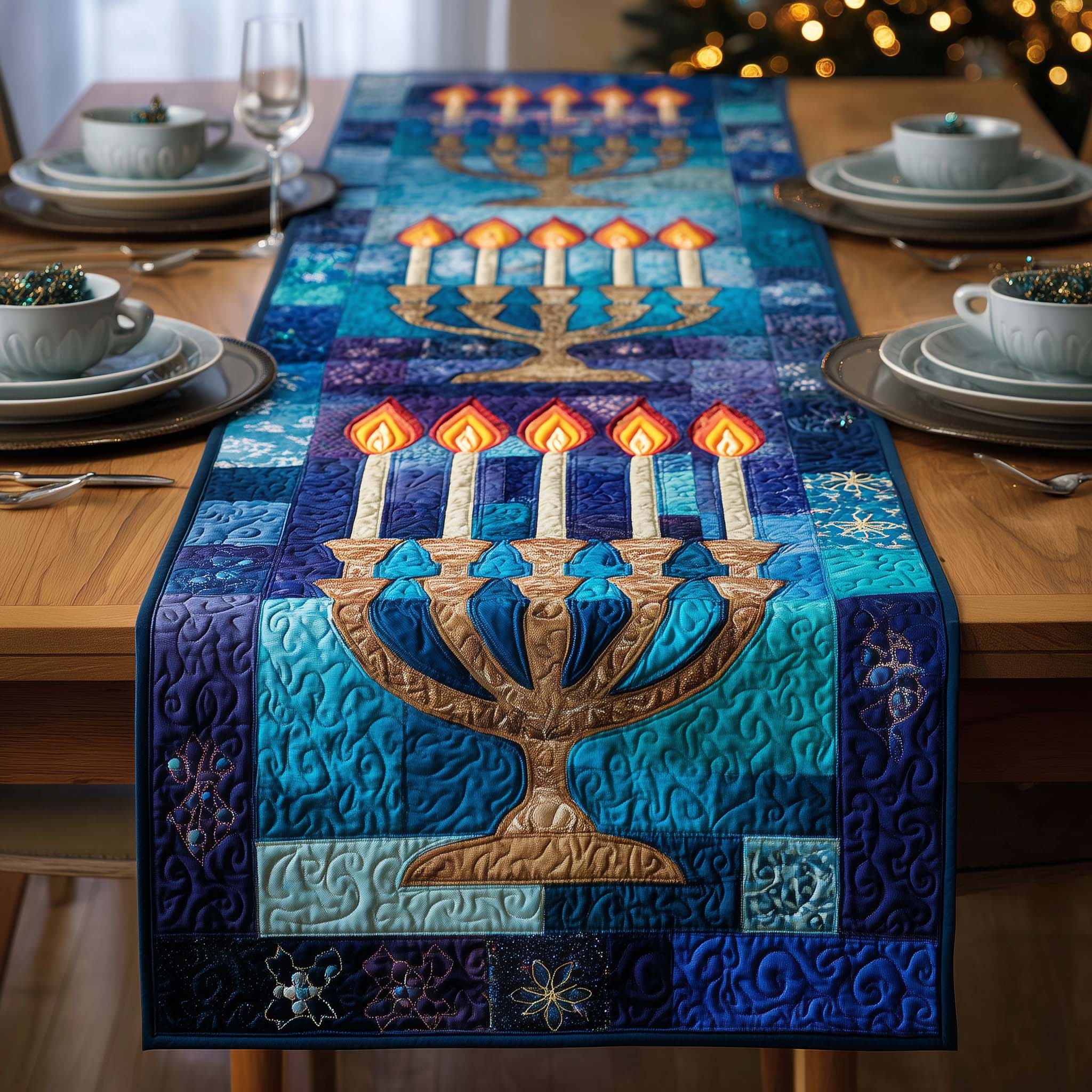 Azure Menorah Quilted Table Runner Dining Table Decor Hanukkah Gift Ideas For Coworker