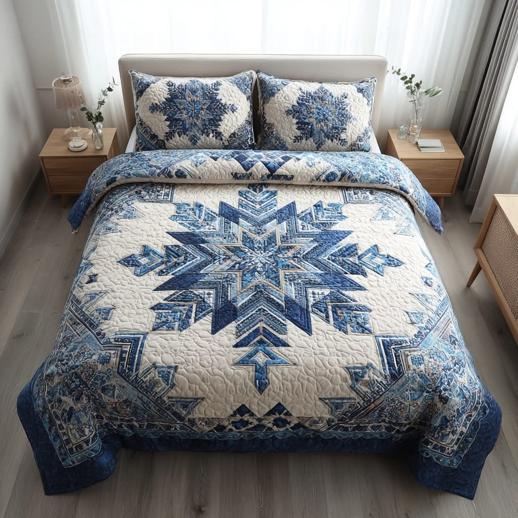 Azure Snowflake Christmas Quilted Bedding Set Duvet Cover Bedspread Xmas Gifts For Her