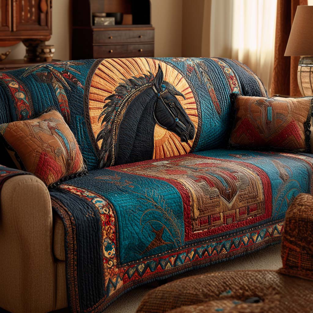 Azure Spirit Horse Quilted Sofa Cover Sofa Protector Cover Native American Gifts