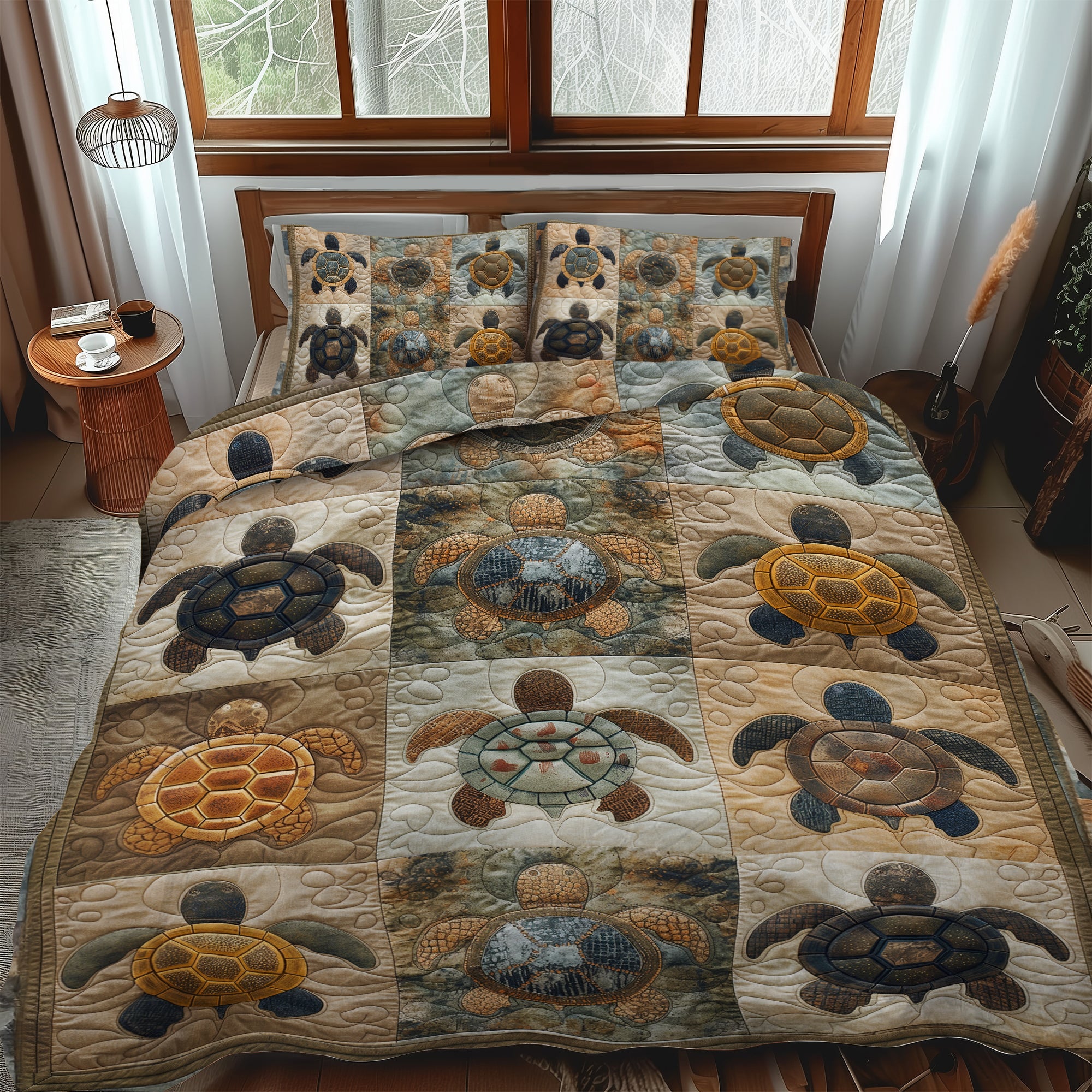 Azure Turtle Cove Quilted Bedding Set Cute Bed Sheets Gift Ideas For Sea Turtle Lovers