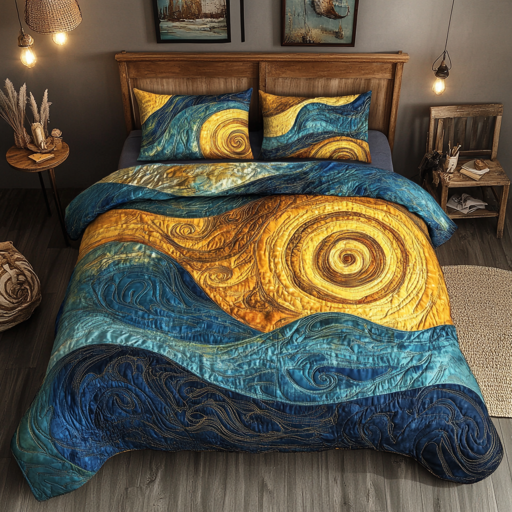 Azure Waves Quilted Bedding Set Unique Bed Sheets Funny Father's Day Gifts