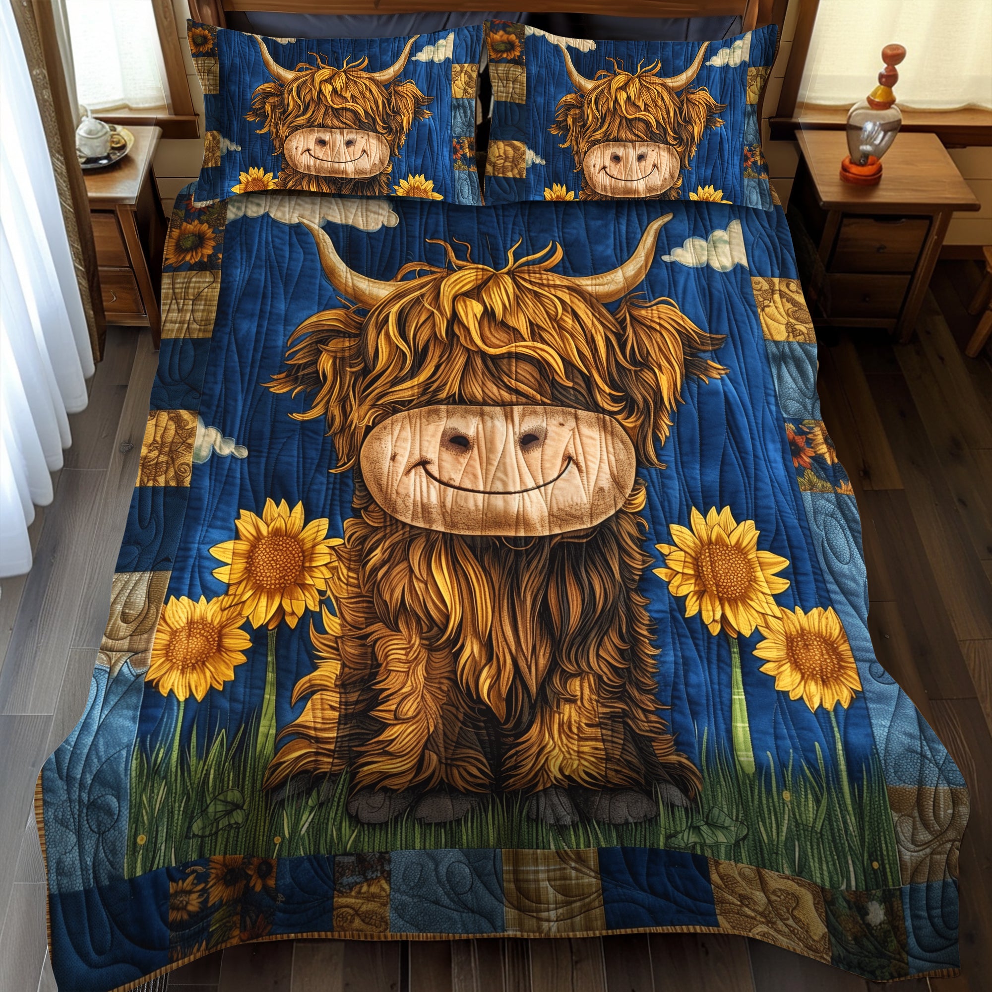 Baby Highland Cow Quilted Bedding Set Cute Bed Sheet Set Sunflower Gifts For Her
