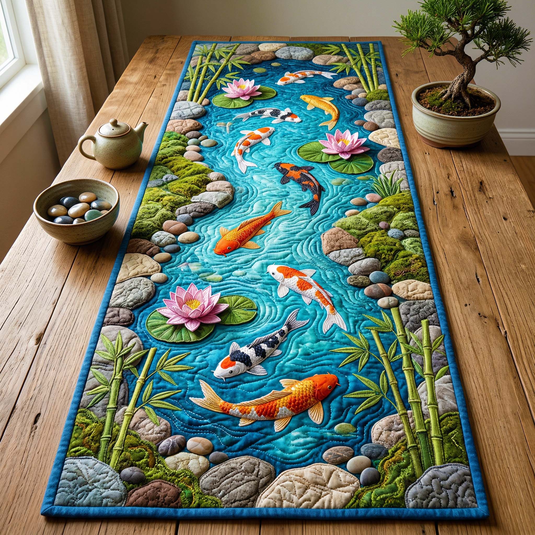 Bamboo Koi Quilted Table Runner Unique Table Runner Ideas Koi Fish Merchandise