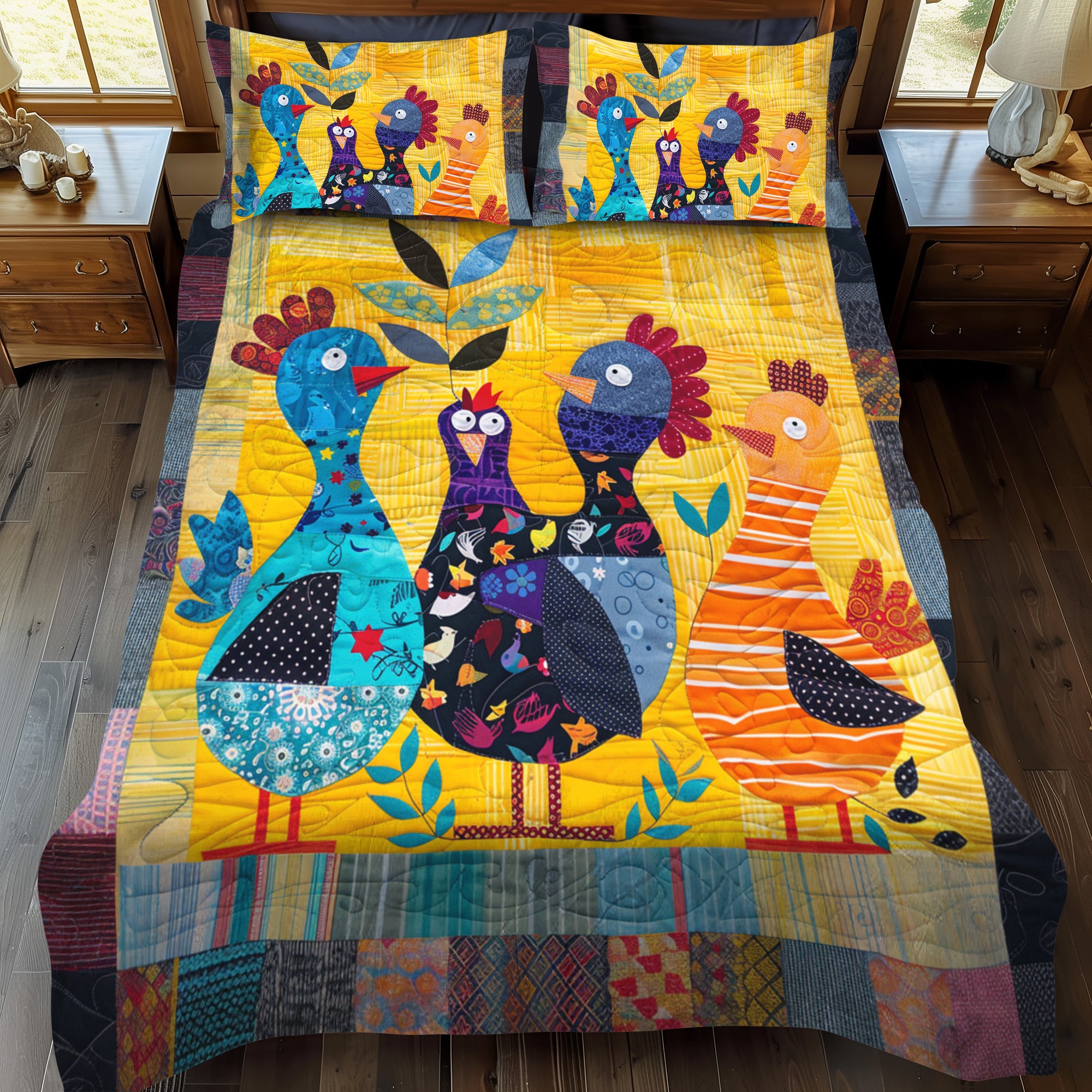 Barnyard Squad Quilted Bedding Set Cute Queen Bed Sheets Gifts For Chicken Owners