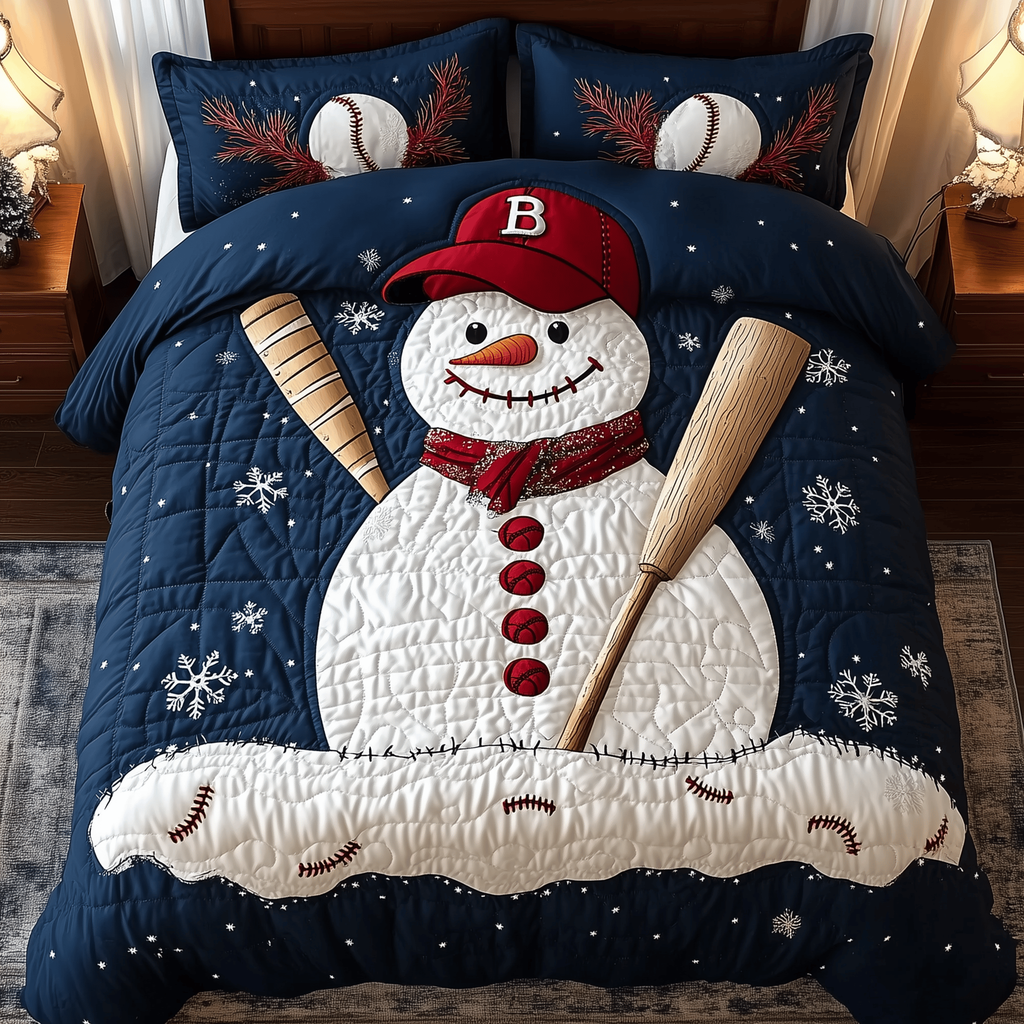 Baseball Snowman Quilted Bedding Set Christmas Quilt Sets Christmas Presents
