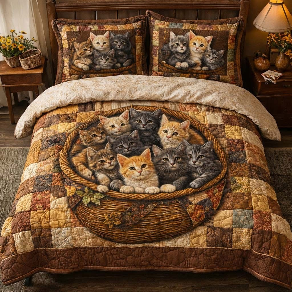 Basket Kitten Quilted Bedding Set Cute Animal Bedroom Decorations Gifts For Cat Lovers