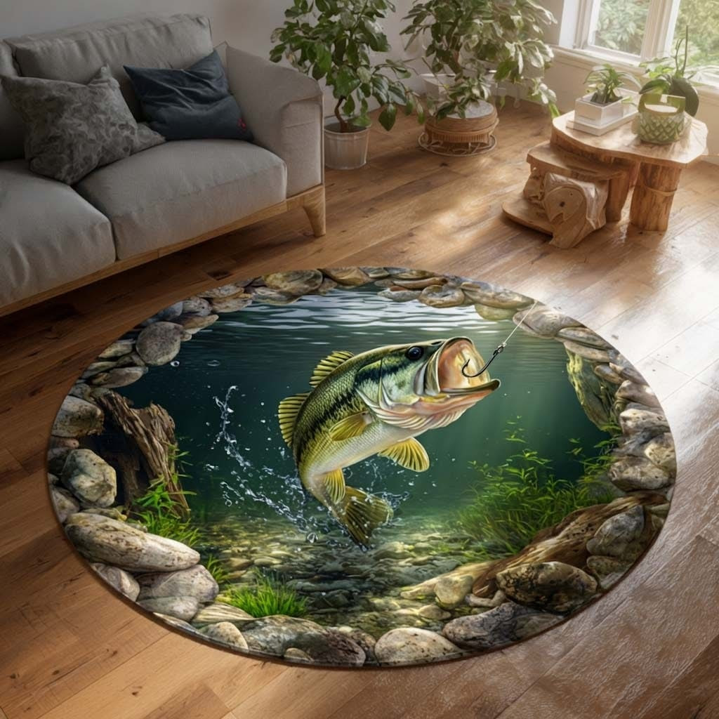 Bass Fishing Rug Sports Abyssal Bass Fishing Quilted Round Mat Gift Home Gift Essentials