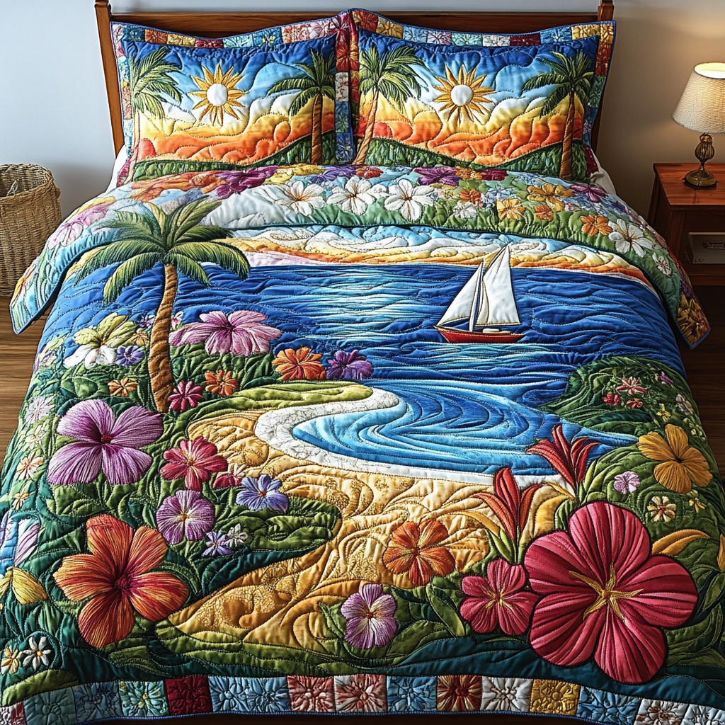 Beach Blossom Quilted Bedding Set Best Comforter Sets Best Gifts For Beach Lovers