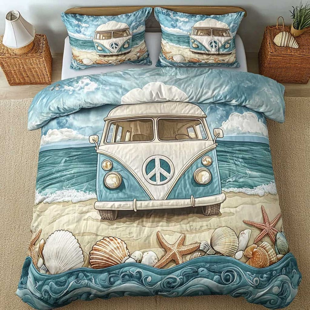 Beach Breeze Camper Van Quilted Bedding Set Hawaiian Beach Bedspread Set Gifts