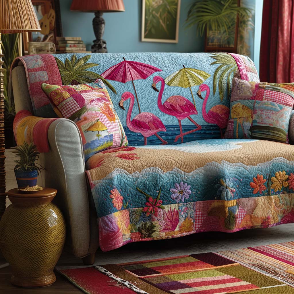 Beach Flamigo Trio Quilted Sofa Cover Beautiful Sofa Covers Gifts For Flamingo Lovers