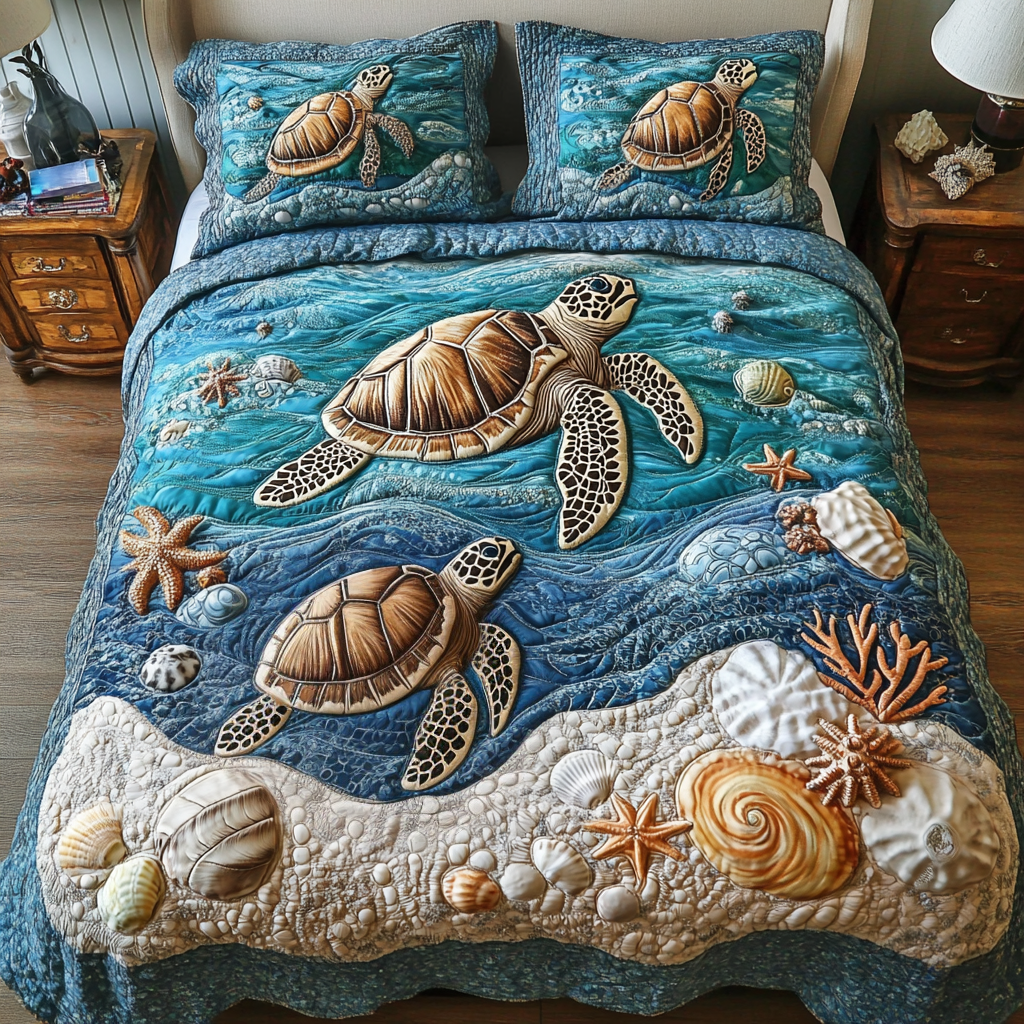 Beach Serenity Quilted Bedding Set Unique Bed Sheet Set Cute Turtle Themed Gifts