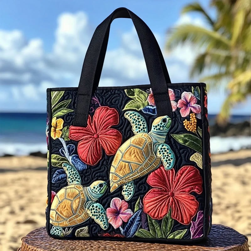 Beach Tropical Flower Turtle Pattern Quilted Tote Bag Best Shoulder Bag For Travel Gift For Her