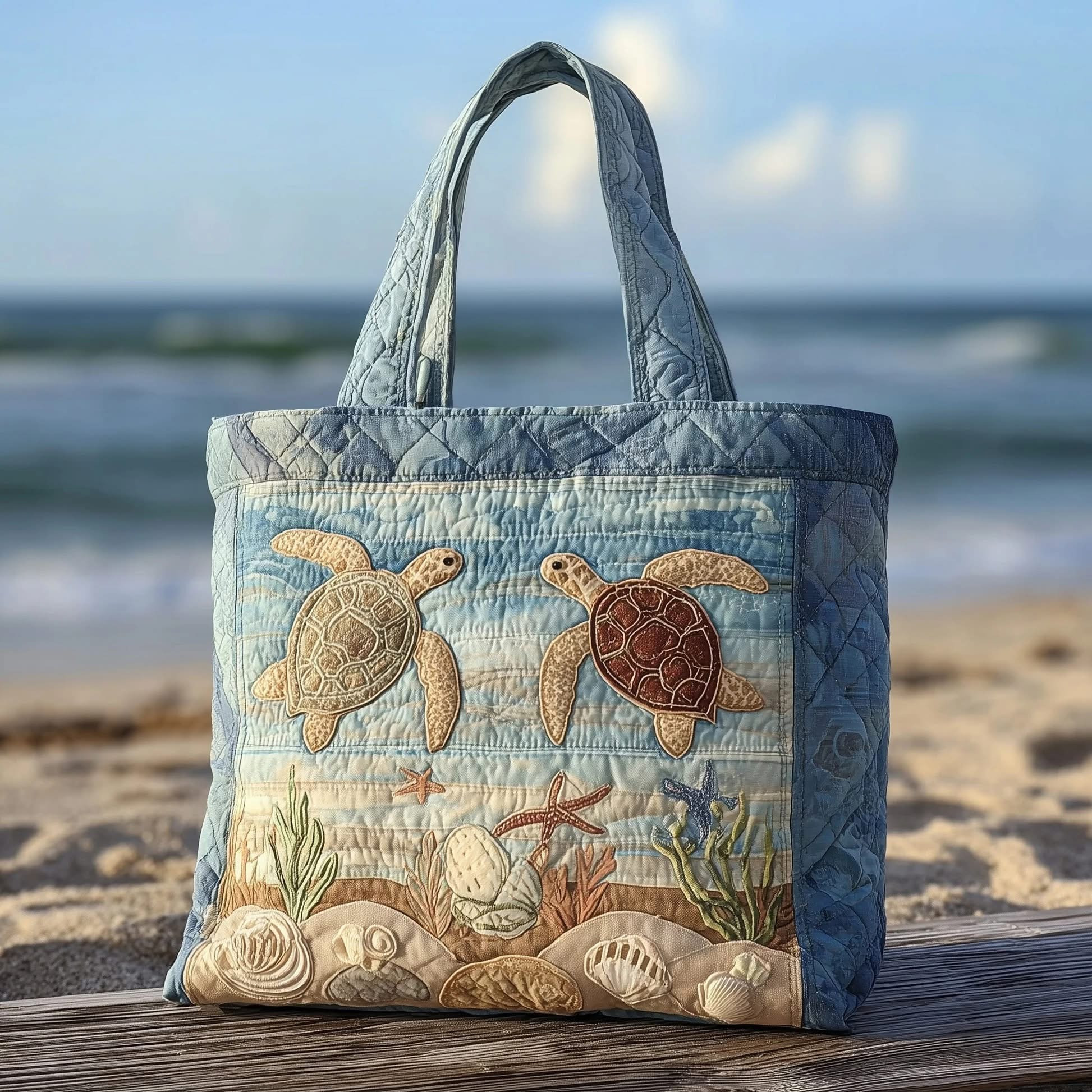 Beach Turtle And Seashell Quilted Tote Bag Best Shoulder Bag For Shopping Gift For Her