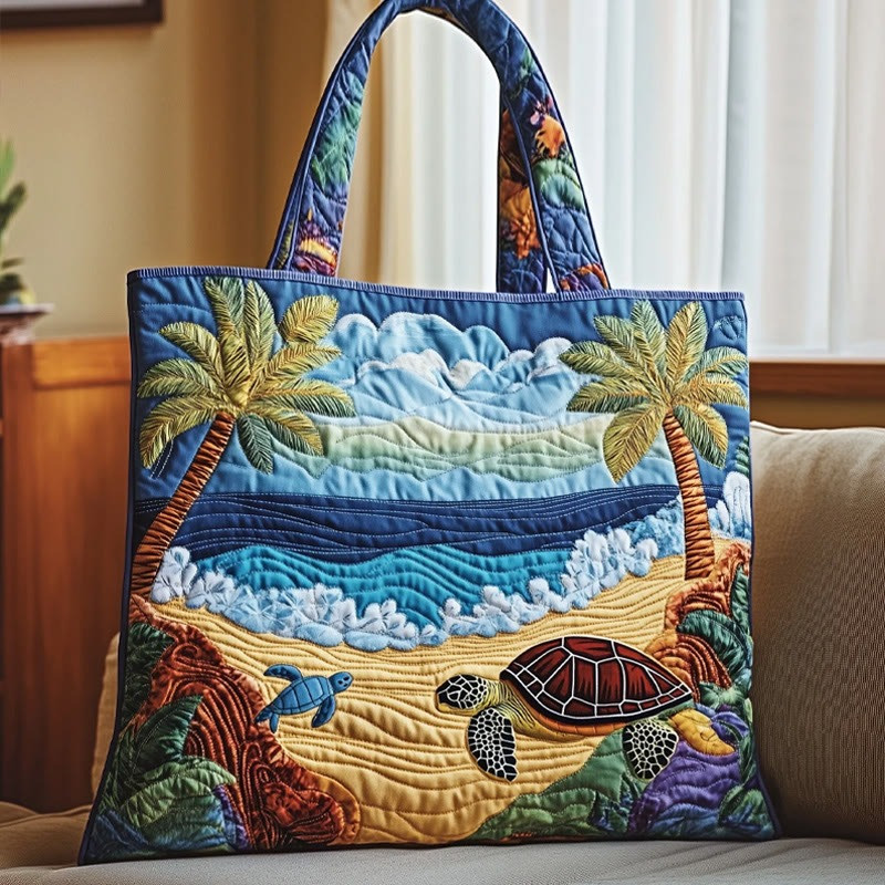Beach Turtle Palm Pattern Quilted Tote Bag Versatile Beach Bag For Work Gift For Men