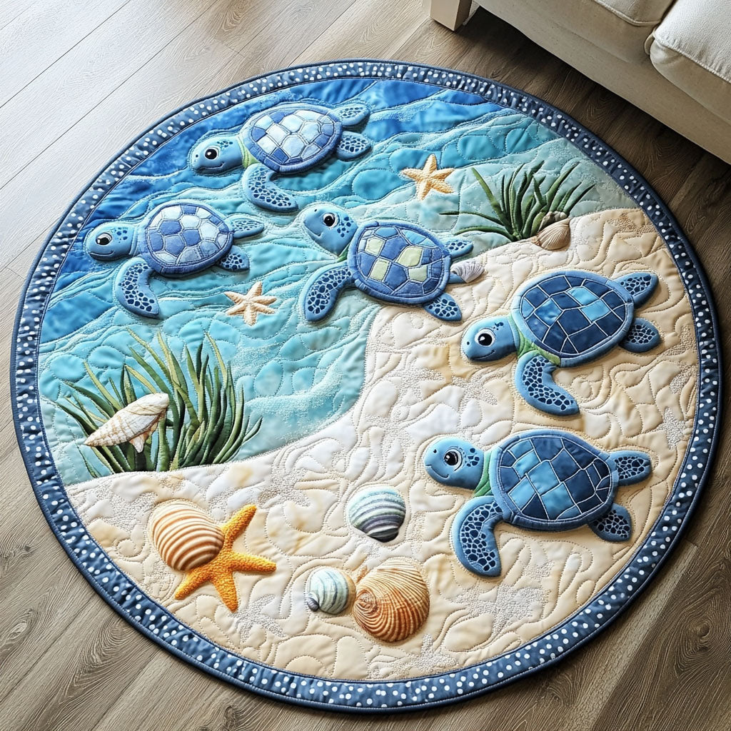 Beach Turtle Parade Quilted Round Mat Indoor Round Rugs Christmas Gifts For People Who Loves Sea Turtle