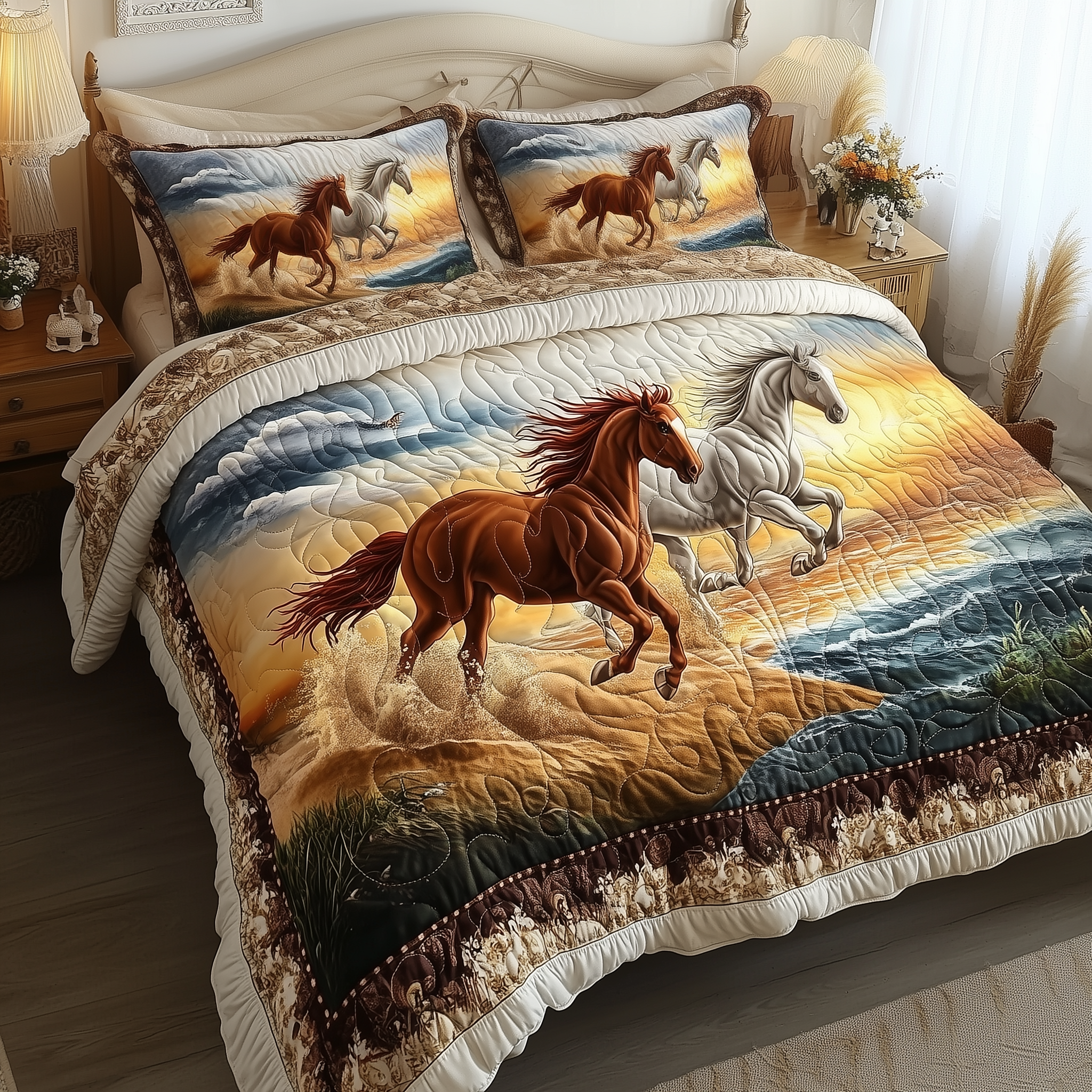 Beachside Runners Quilted Bedding Set Bed Decor Ideas Horse Themed Gifts For Adults