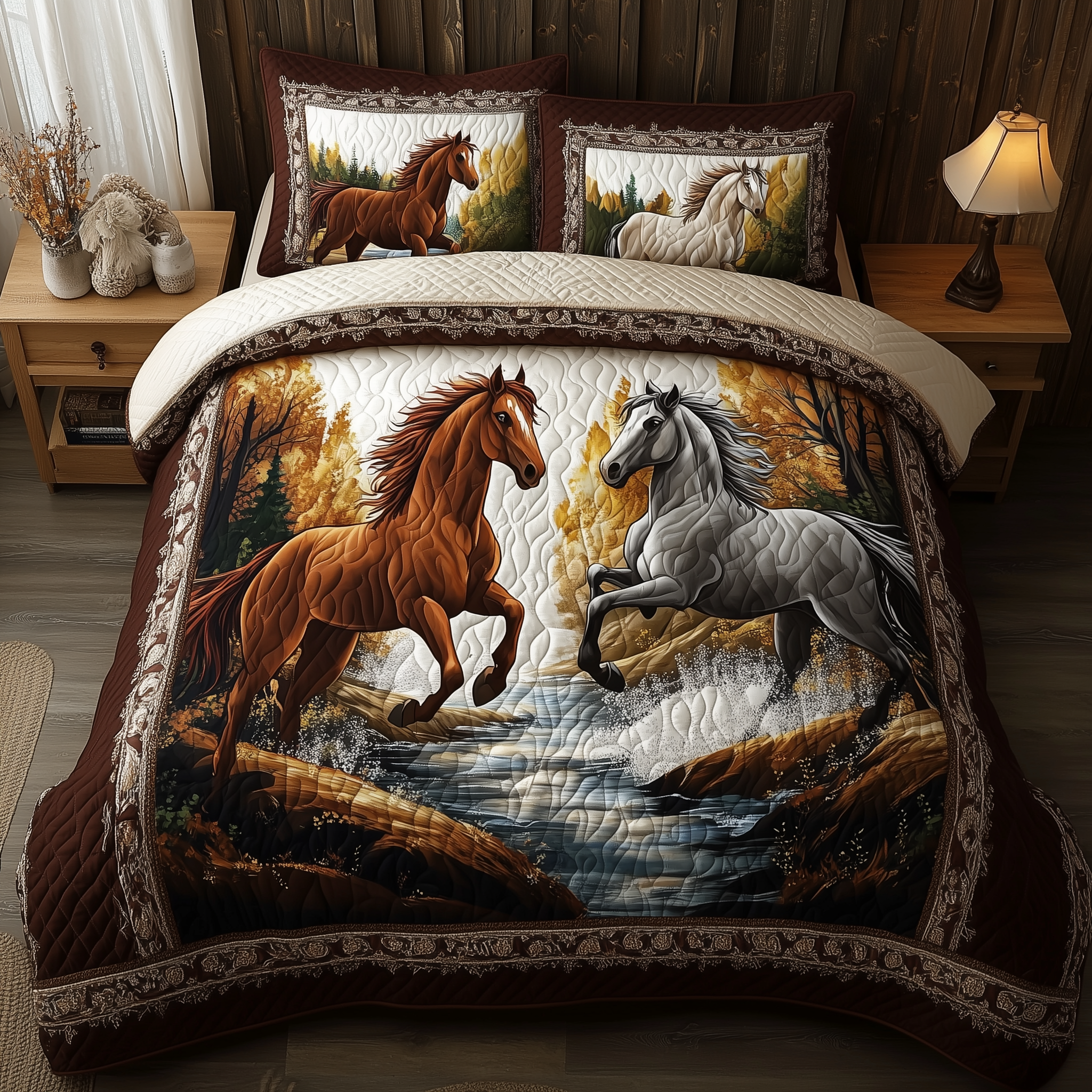 Beachside Runners Quilted Bedding Set Bed Room Art Horse Gifts For Equestrian Riders