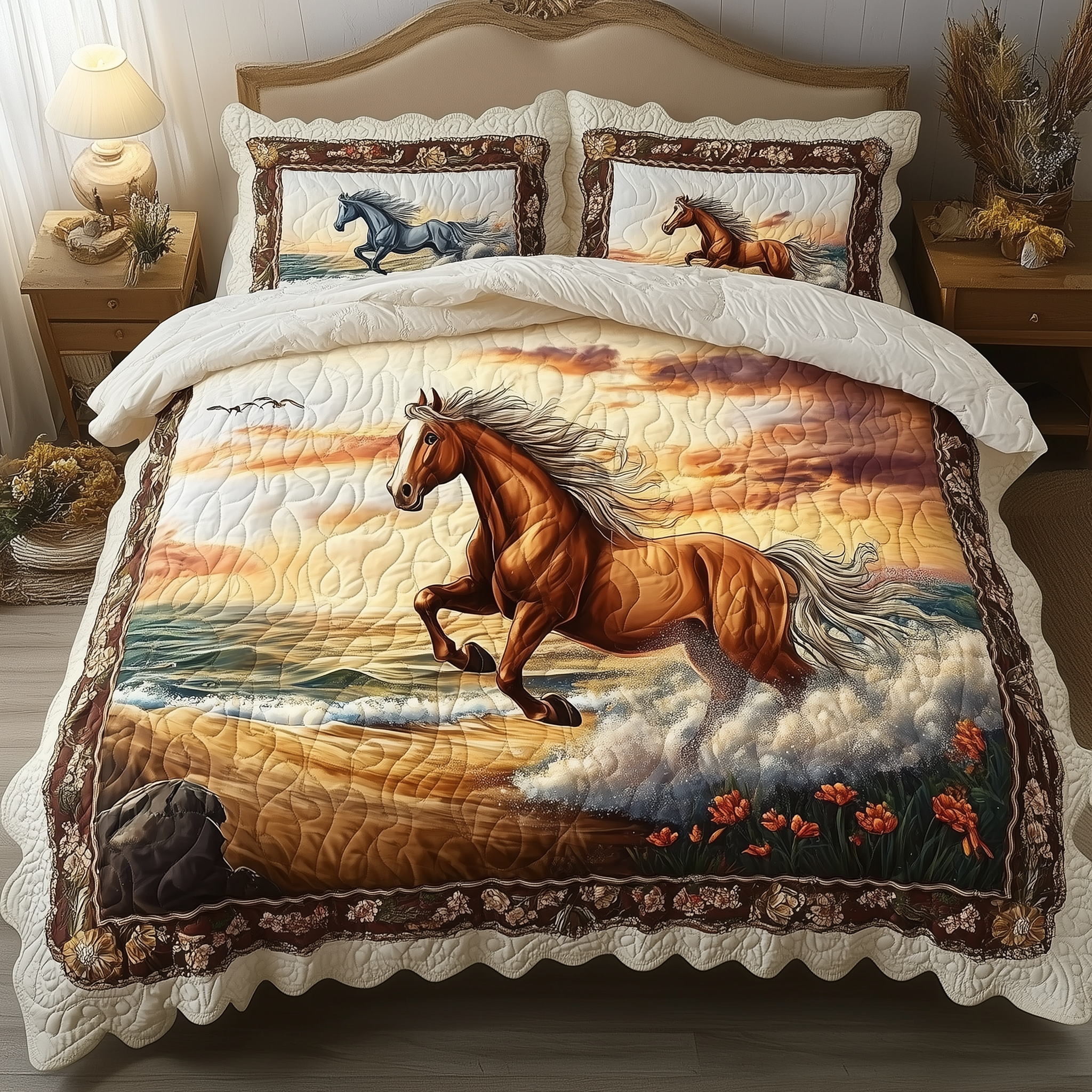Beachside Runners Quilted Bedding Set Unique Bed Sheets Gifts For Horse Lovers Woman
