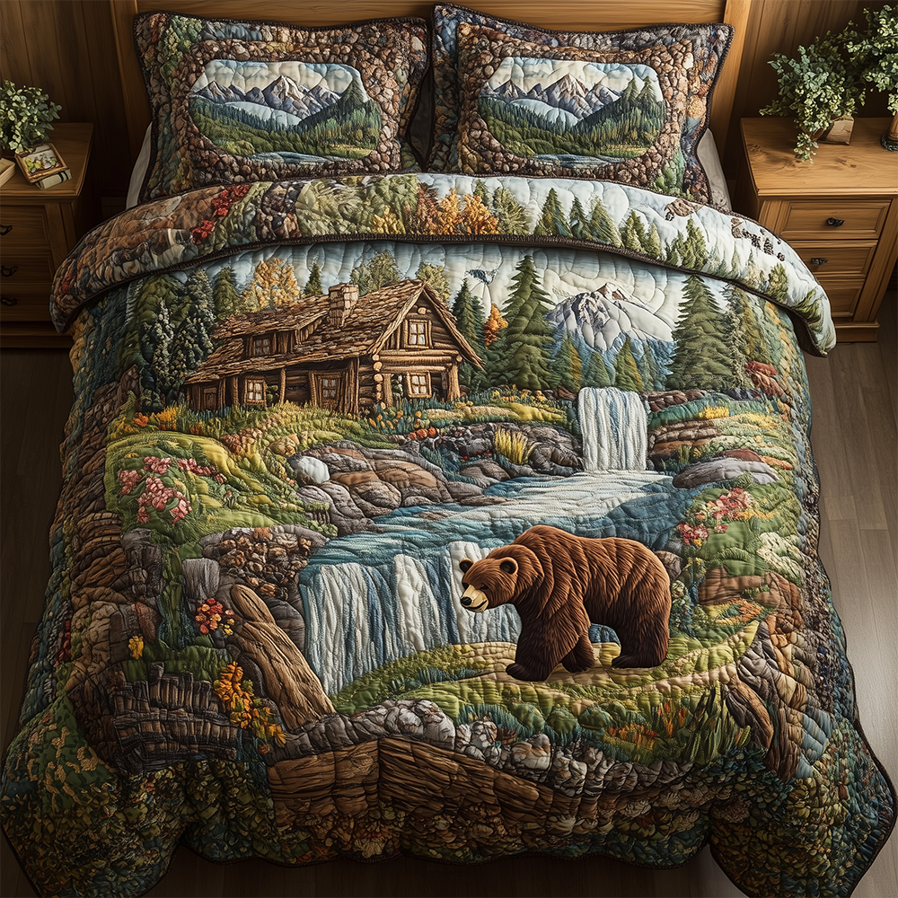 Bear and Cabin Quilted Bedding Set Bed Decor Ideas Dad Fathers Day Gifts