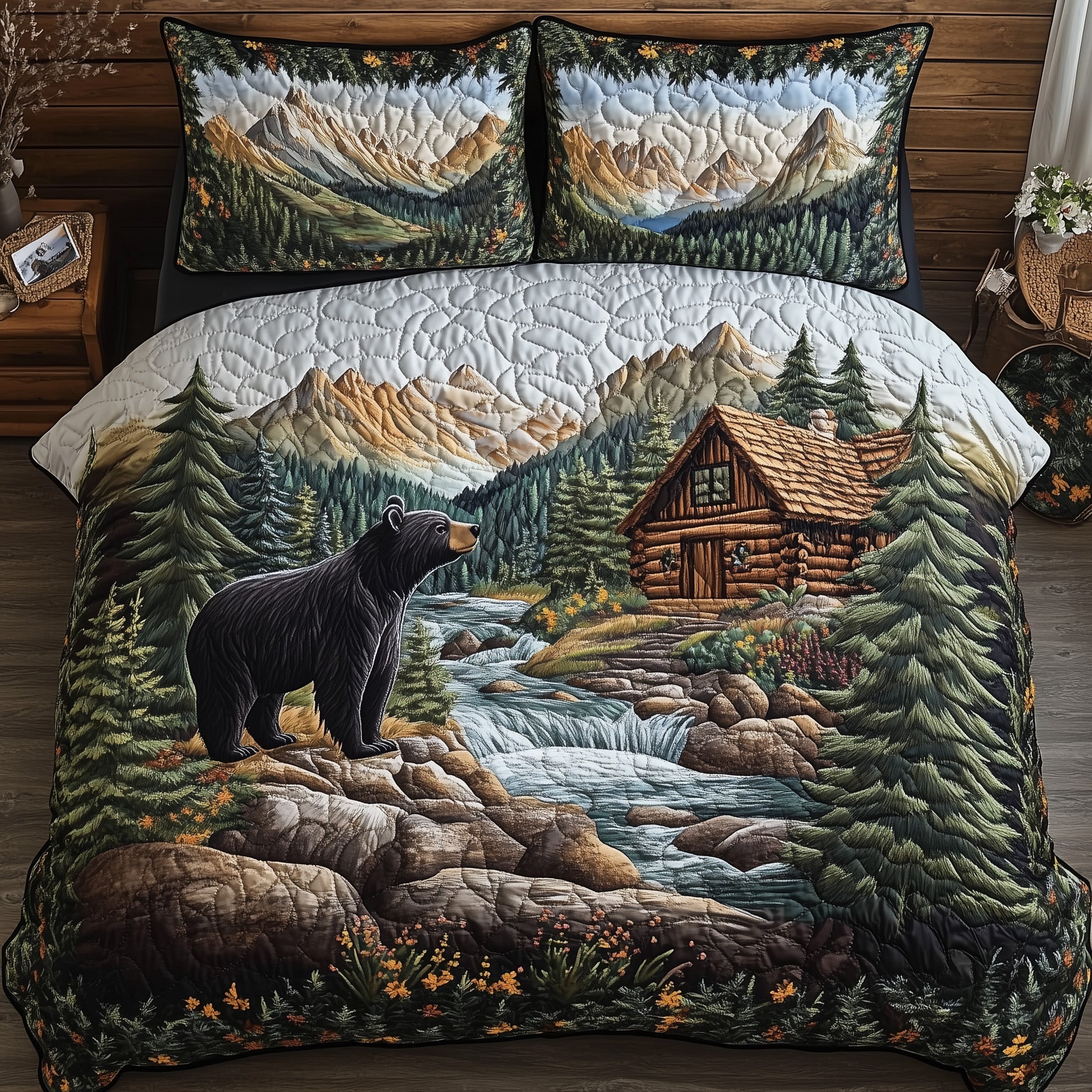 Bear and Cabin Quilted Bedding Set Best Bedsheets Presents For Bear Lovers