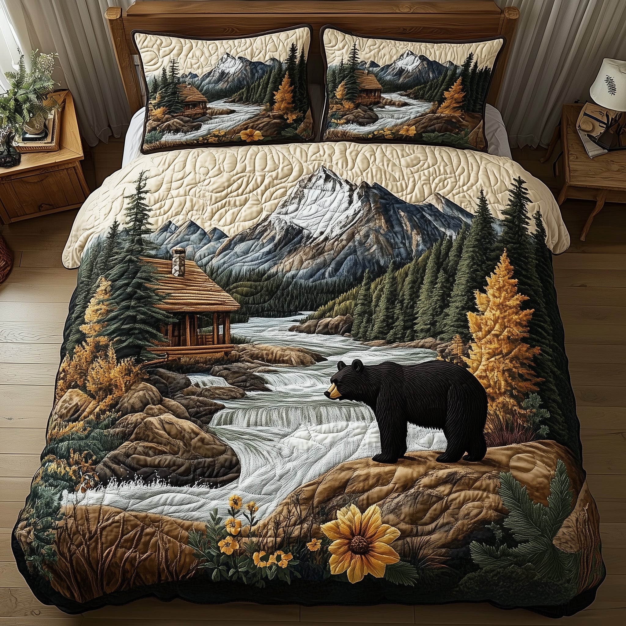 Bear and Cabin Quilted Bedding Set Best King Bed Sheets Bear Themed Gifts
