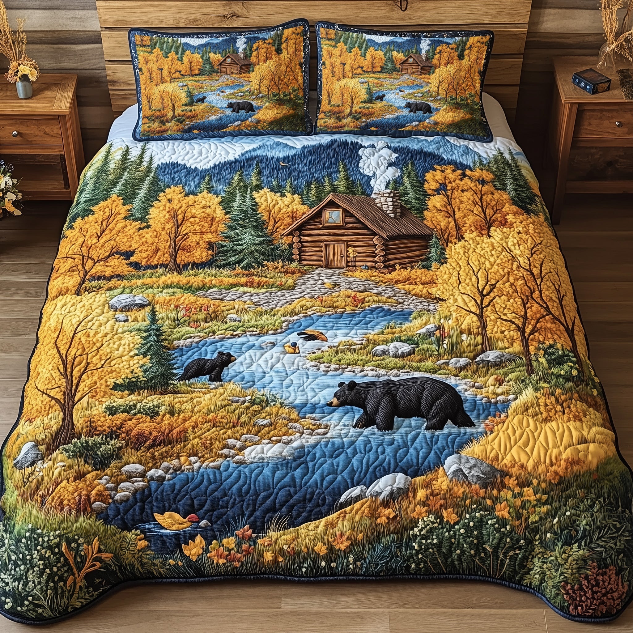 Bear and Cabin Quilted Bedding Set Good Bed Sheet Sets Bear Gifts For Her