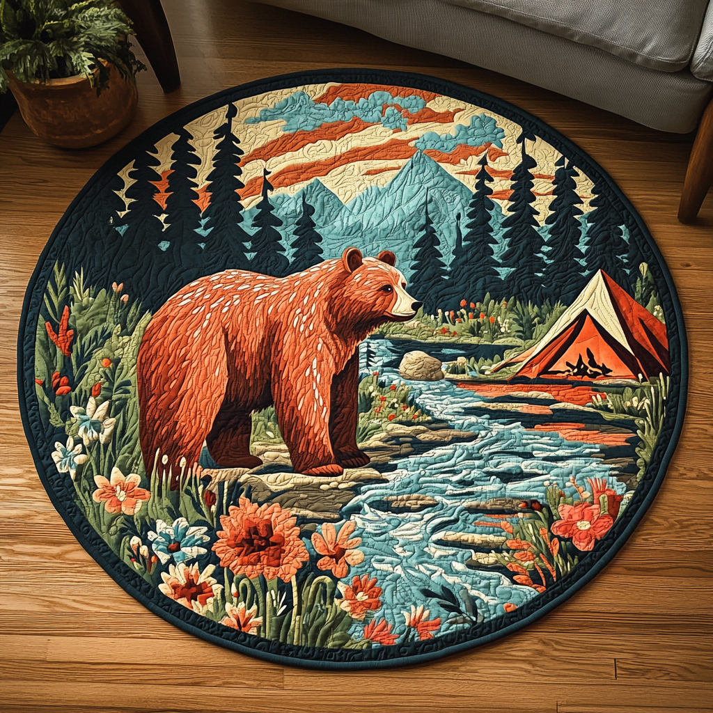Bear Bloom Quilted Round Mat Large Circle Rug Good Fathers Day Gifts