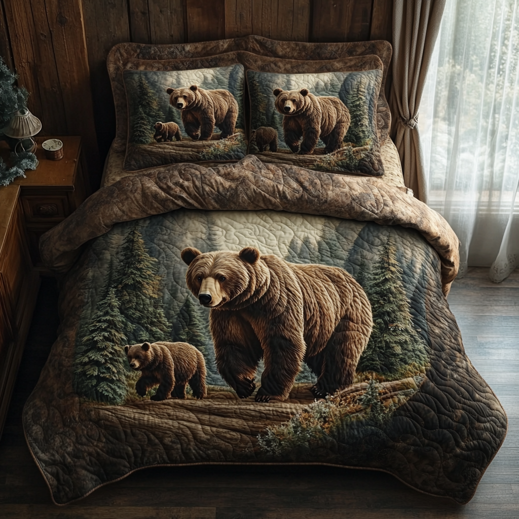 Bear Country Quilted Bedding Set Cute Boho Comforter Sets Hunting Gifts For Him