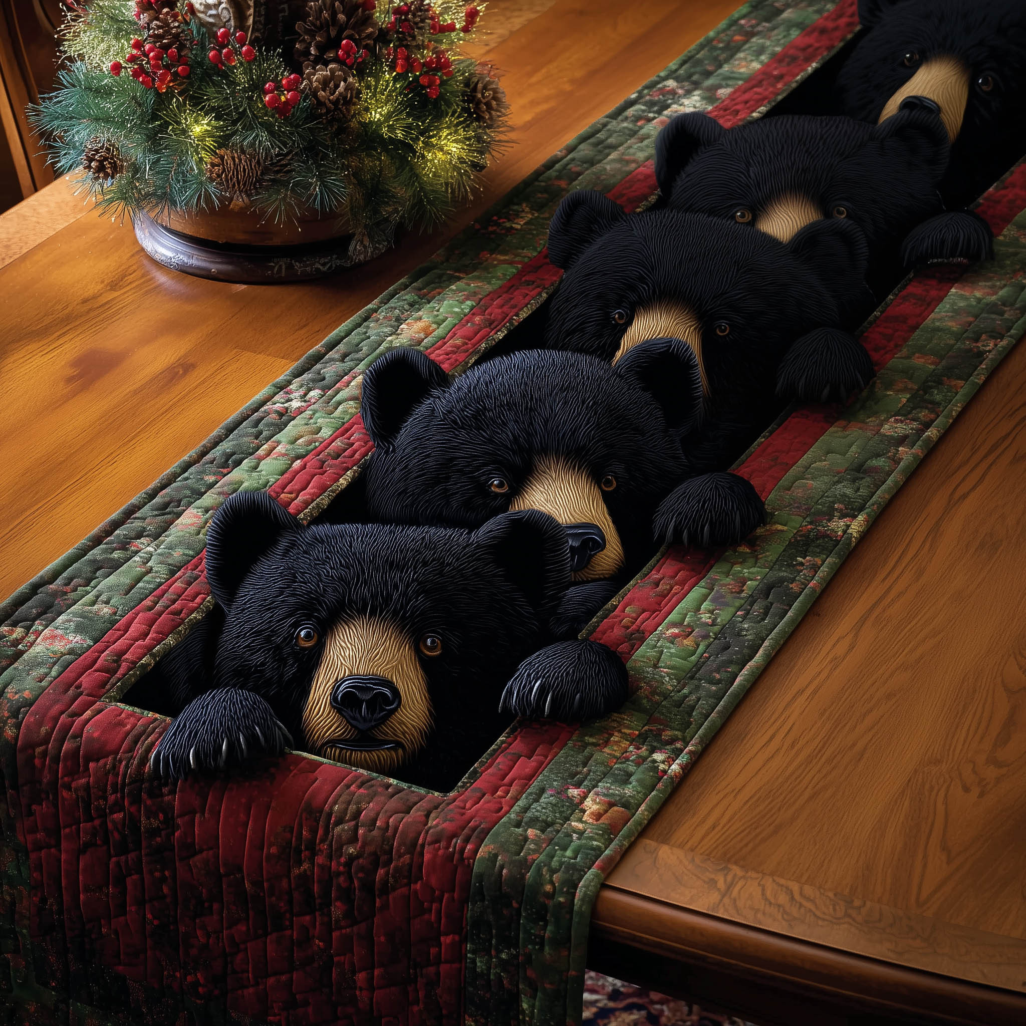 Bear Family Quilted Table Runner Elegant Holiday Table Runners Presents For Bear Lovers