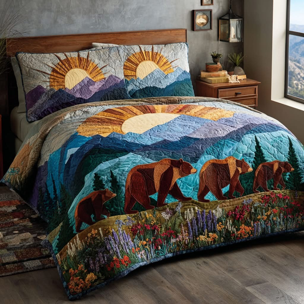 Bear Forest Dream Quilted Bedding Set Rustic Mountain SceneBed Decor Gifts For Dad